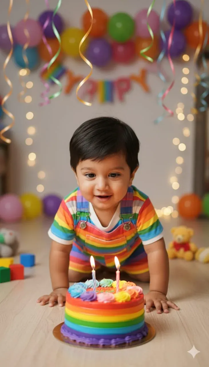 Realistic Indian Baby Birthday Photoshoot with Rainbow Theme | Ultra Photorealistic DSLR Style - Baby Birthday Prompts AI Image Prompt
