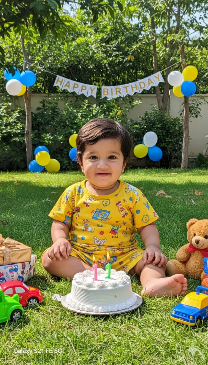 Realistic Indian Baby Garden Birthday Photoshoot | Cute Toddler with Cake & Balloons (DSLR Style) - Baby Birthday Prompts AI Image Prompt